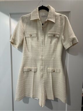 Sandro Ivory Tweed Zip-Front Short Sleeve Romper Dress